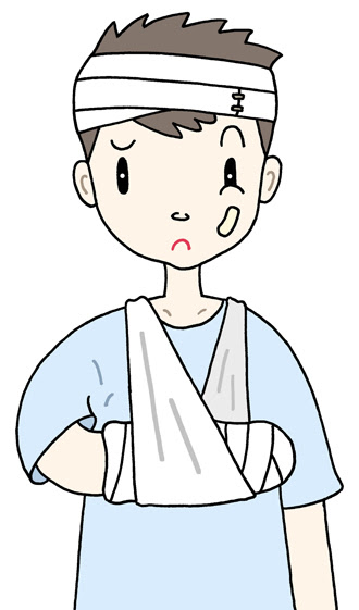 怪我のイラスト 怪我人 腕骨折 頭部裂傷 包帯 使ってみる フリー 無料 ビジネスイラスト カット