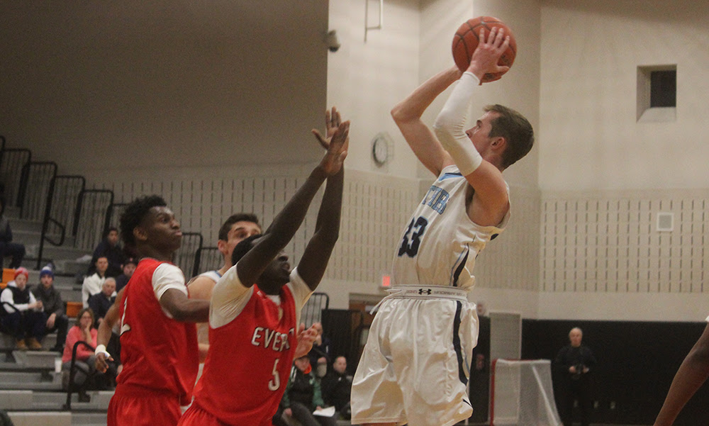 Franklin’s Tim Prunier, who scored a career-high 25 points, pulls up for a shot in the second half against Everett. (Ryan Lanigan/HockomockSports.com)
