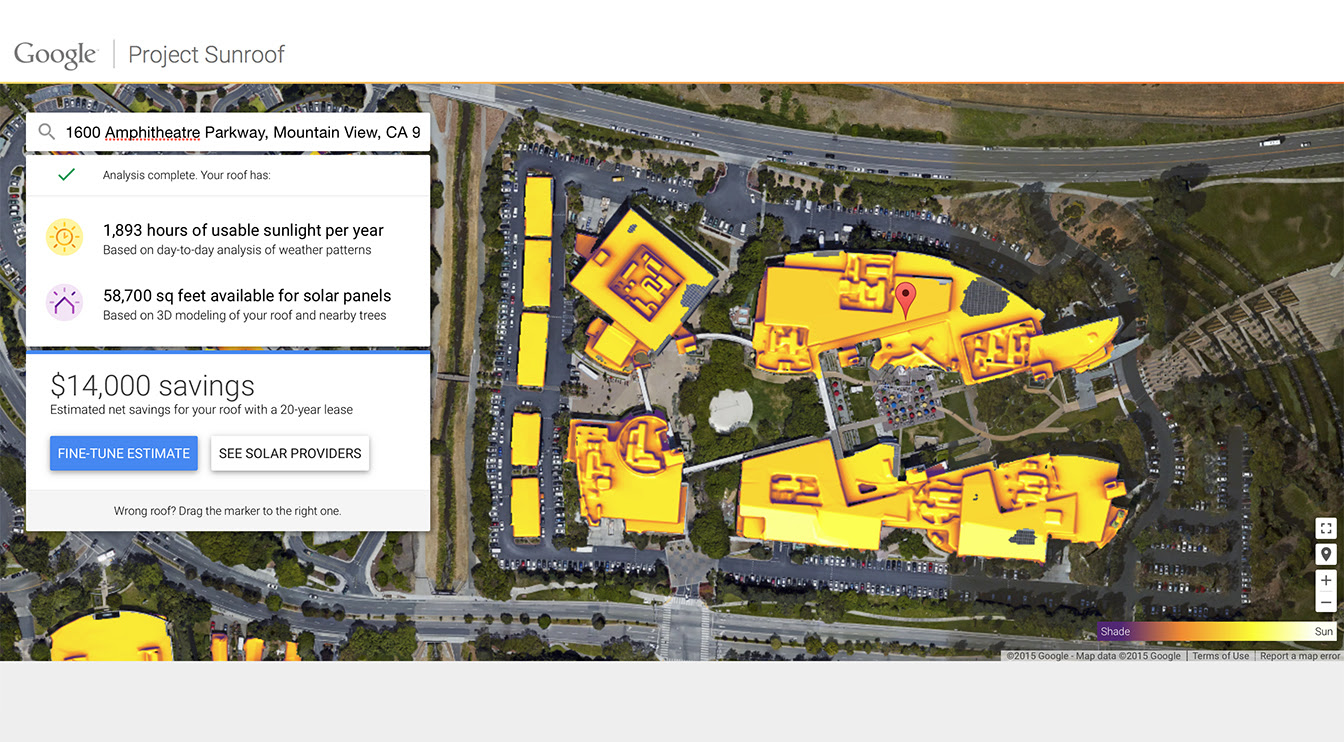 This photo shows Sunroof's savings projections for Google's own Mountain View campus.