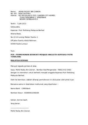 30634630 Contoh Surat Berhenti Kerja Notis Sebulan ...