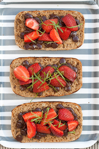 Strawberry and chcoolate on rye bread toast