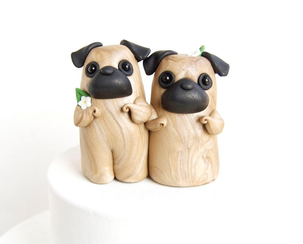 animal cake toppers from Bonjour Poupette Pug couple wedding cake decorations