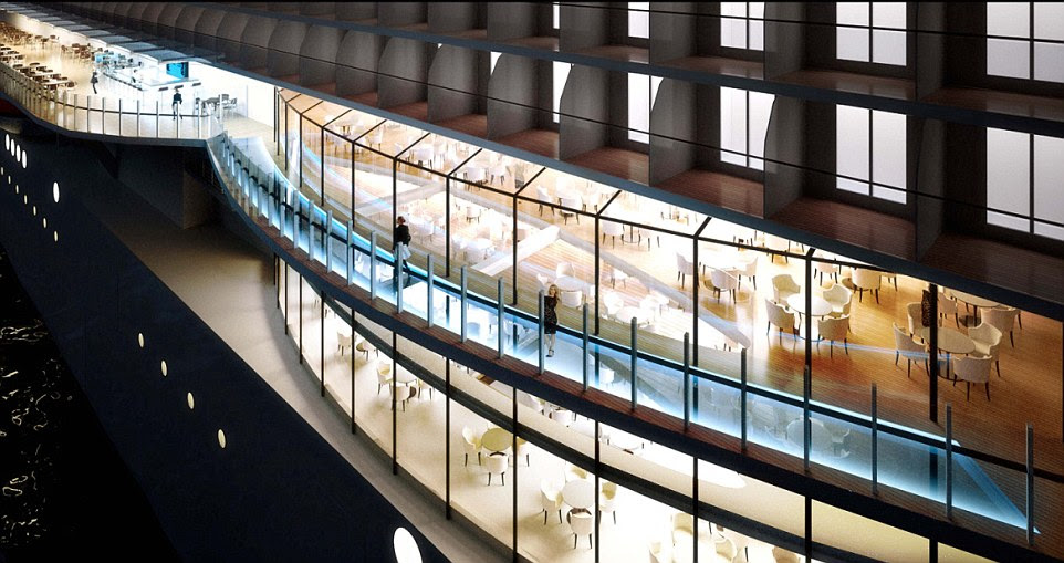 Walking on water: There will be three catwalks with glass balustrades and a glass floor. The catwalk on the top deck spans 30 metres with views from the top of the ship; the other two are located on deck eight, are 40metres in length and are part of a 360° open air promenade