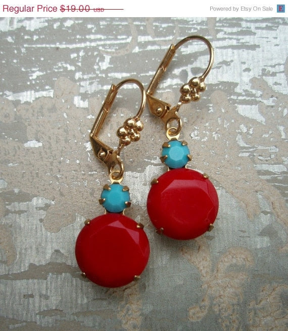 15% off Anniv Sale Vintage Cherry Red Earrings, Vintage Rhinestone Drop Earrings, Red and Turquoise Earrings, Estate Style Earrings, RETRO