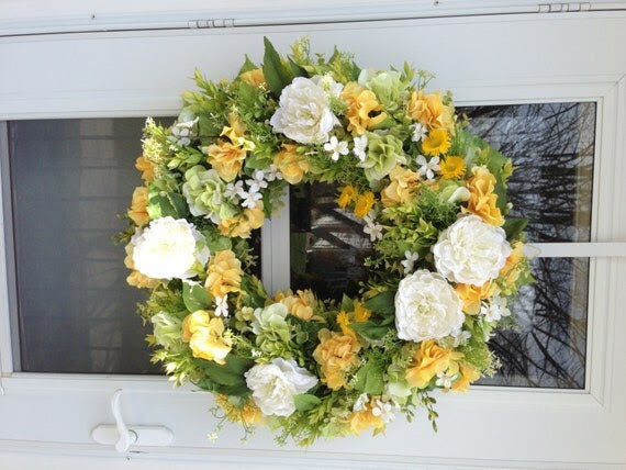 White Peony amp; Yellow Hydrangea Spring Wreath by julielaplant
