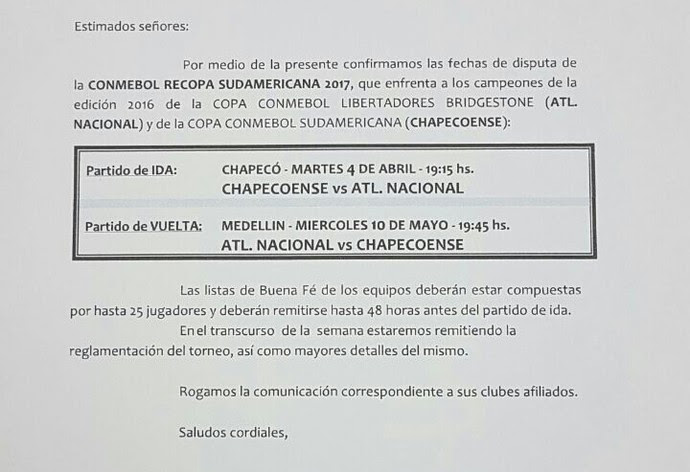 Conmebol datas da recopa Chapecoense x Atlético Nacional (Foto: Divulgação/Chapecoense)
