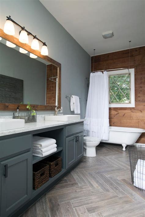 Here are our favorite double vanity design ideas to try in your bathroom. Rustic Bathroom With Wood Grain and Gray Tones | HGTV