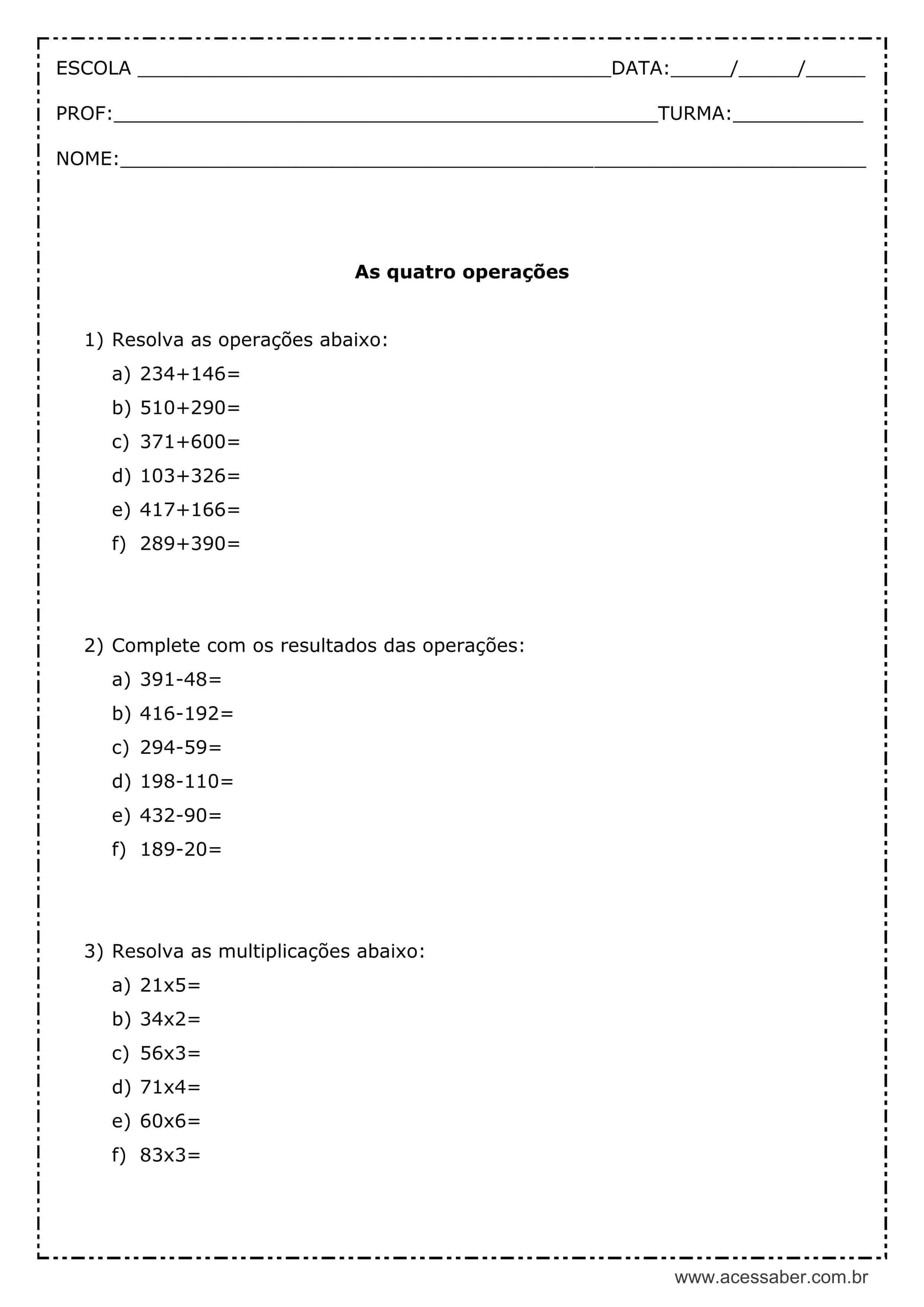 Atividade De Matematica As Quatro Operacoes 3Âº Ano Acessaber