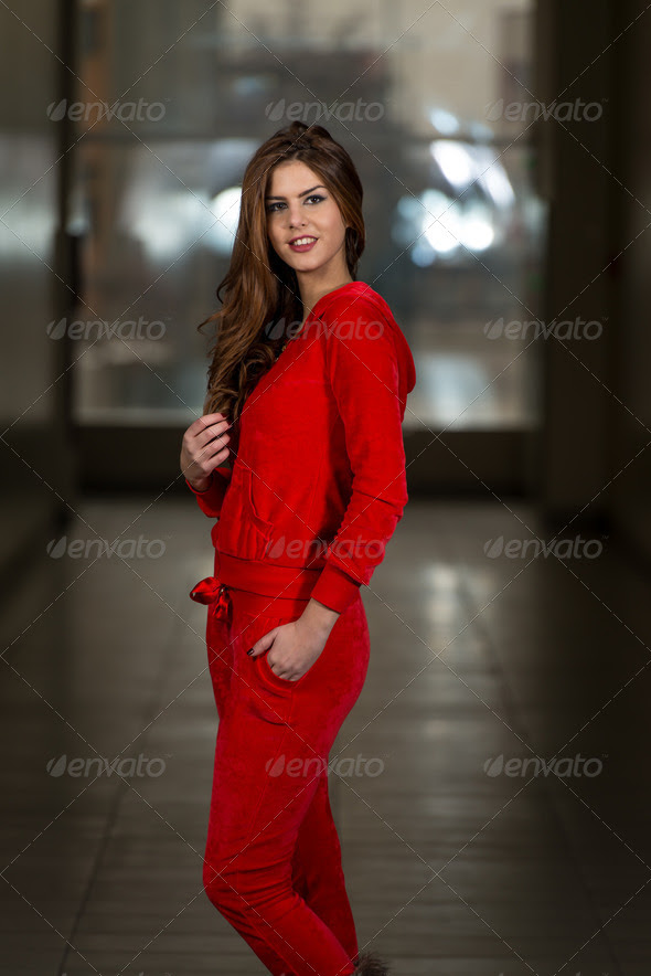 Beautiful Woman Wearing Fashion Track Suit In Red (Misc) Photo Download