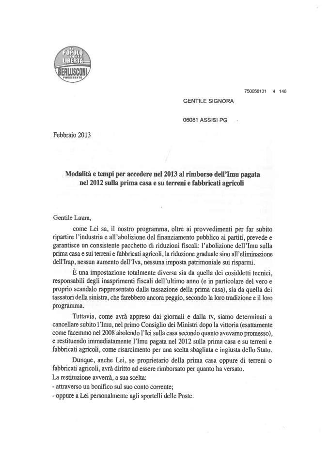 RIMBORSO IMU 2012. LA LETTERA DI BERLUSCONI AGLI ITALIANI ...