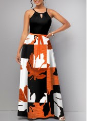 ROTITA Sleeveless Geometric Print Black Belted Maxi Dress