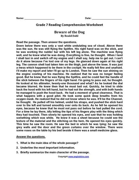  reading comprehension worksheets for grade 7 with answers reading