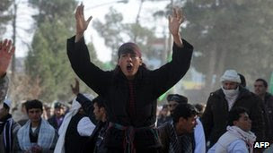 Afghan demonstrators shout anti-US slogans during a protest against Koran desecration in Herat on 24 February