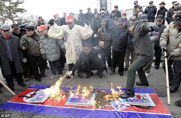 the north korean flag. and the North Korean flag