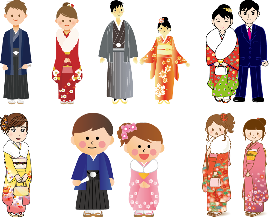 フリーイラスト 振袖と紋付袴姿で成人式を迎える6種類の男女のセットでアハ体験 Gahag 著作権フリー写真 イラスト素材集