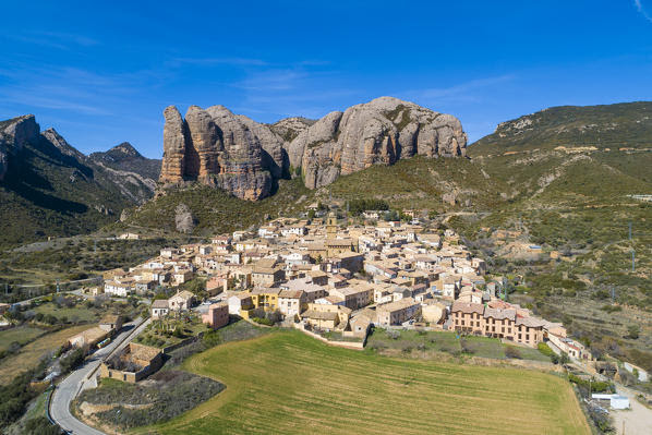 Aerial view of Aguero village Aguero Huesca Aragon Spain ...