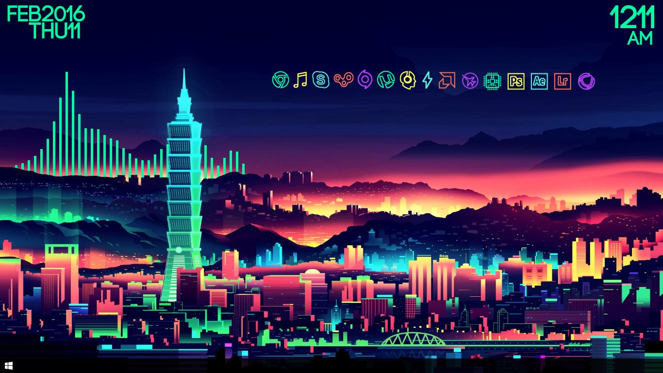 My desktop using the neon city that is top of r/wallpapers ...