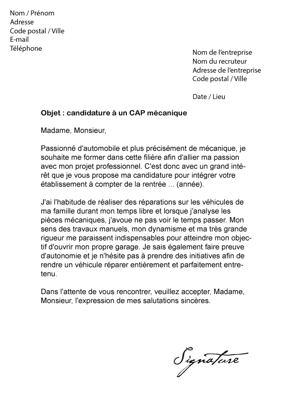 Lettre de motivation CAP Mécanique - Modèle de Lettre