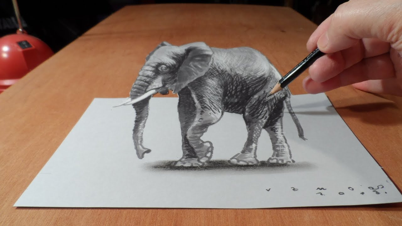 Trick Art, How to Draw 3D Elephant, Time Lapse - YouTube