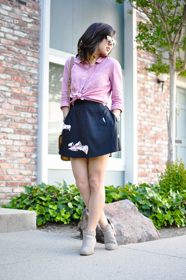 cropped button up {Urban Outfitters}, black floral skirt {Urban Outfitters}, Dolce Vita Jamisons, vintage Coach satchel, Sunnies {Charlotte Russe}, vintage watch, assorted bracelets {F21 & Korea}