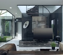 Seamless glass walls offer a clear look at the impressive spiral staircase in the center of the structure. Another class-encased void to the left reveals a vine-covered tree providing a gorgeous focal point.