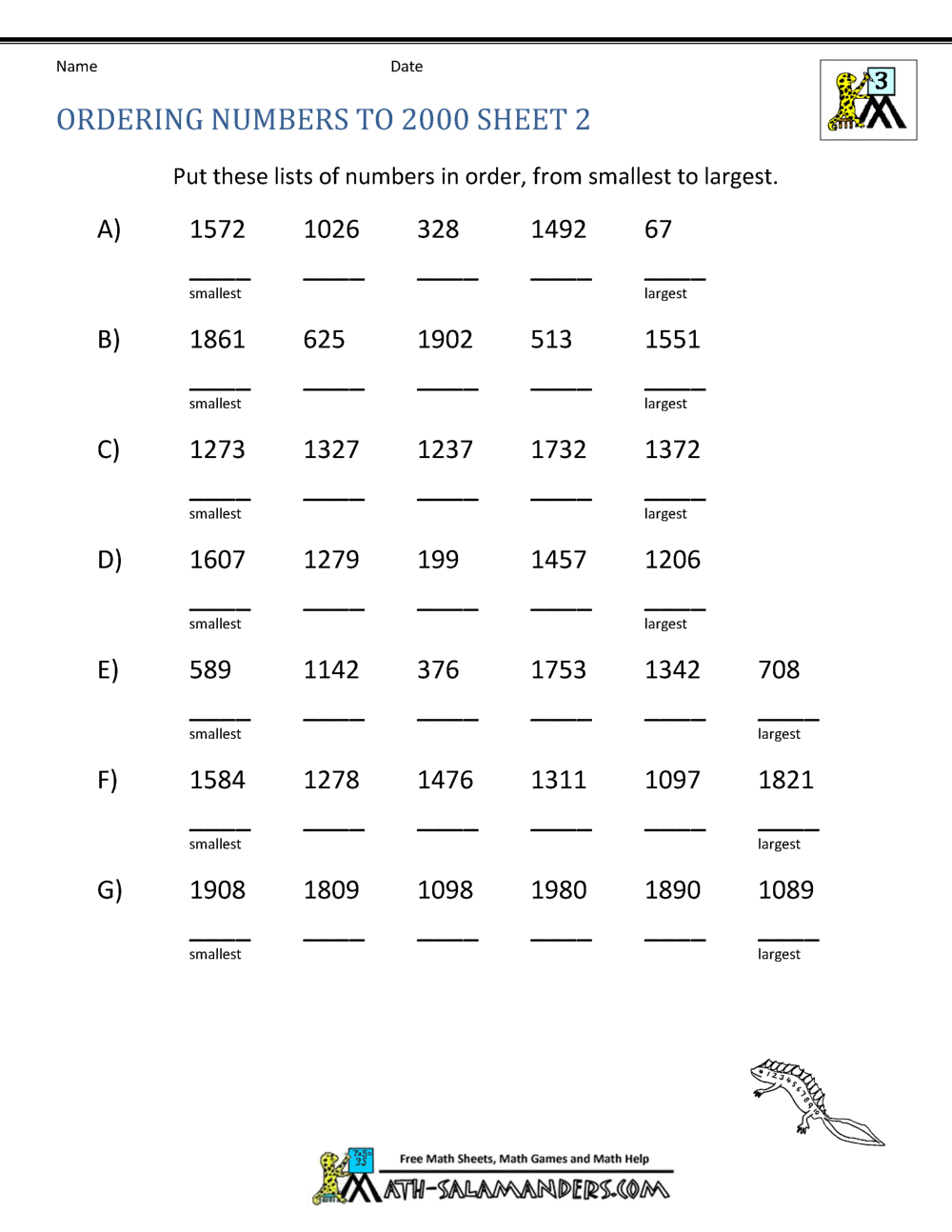 math worksheets 3rd grade ordering numbers to 10000