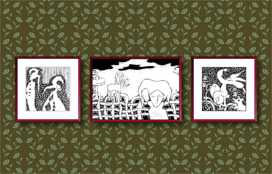 Home decor framed art prints set Black and white graphic by siret