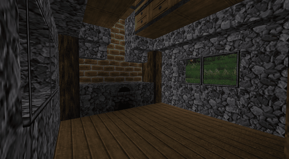 Cobble walls with wood floors, red-brick chimney, a furnace, and 21 chests in the attic.
