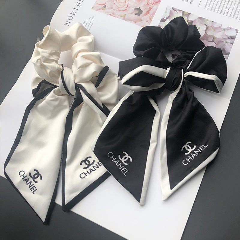 Chanelシャネルブランド黒白ヘアアクセサリー新品 シンプルスカーフ華やかバンド大人っぽいリボンブランド女性向けシュシュ ヘアゴムおしゃれ