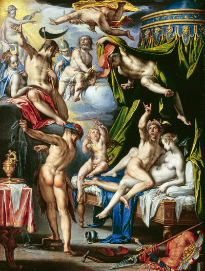 In his 1601 Mars and Venus Surprised by Vulcan, Wtewael shows Mercury raising the bed curtain to let the other gods see the couple. Here, Cupid raises an arrow at Mercury as Saturn, Diana, Jupiter, Minerva and Truth look on.