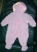 3-6 mo girls zip front hooded Bunny chenille bunting pram suit by "Peek-A-Babe"