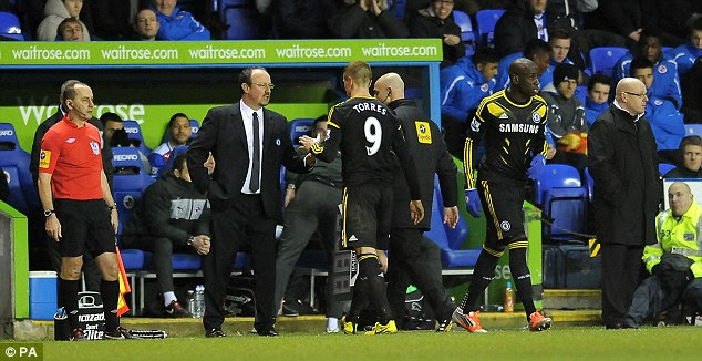 Over and out: Torres was hauled off in the 90th minute for Demba Ba