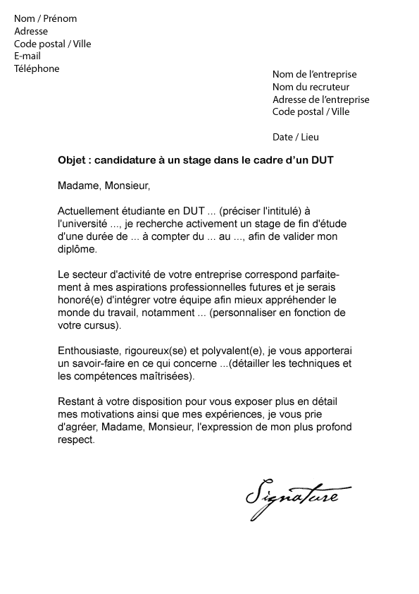 Lettre de motivation Stage DUT - Modèle de Lettre