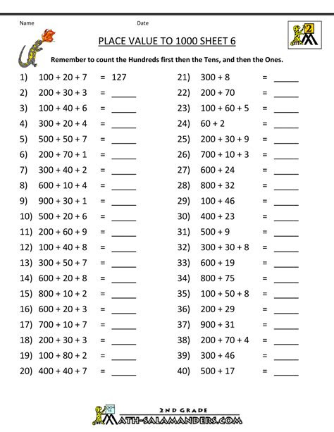  math place value worksheets to 1000