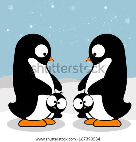 Penguin Family. Cute penguins on winter background.