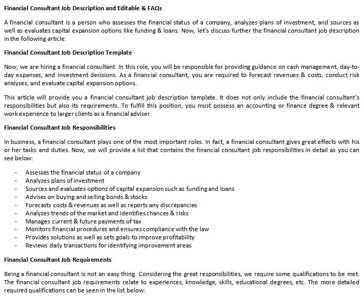 Financial Consultant Job Description and Editable & FAQs ...