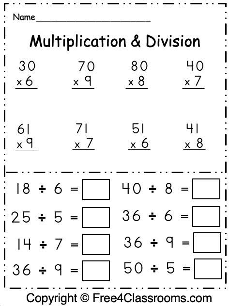 10 ÷2 = 5) and progress to long division with divisors up to 99. free 3rd grade math multiplication and division worksheet free4classrooms