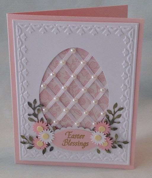 handmade Easter card: Lattice work Easter card by cards4joy ... pink and white ... oval window with thin ribbon forming a lattice ... pearls on each crossing ... tulip frame main panel ... gorgeous card!!!