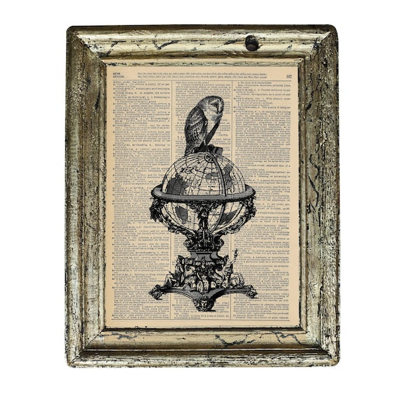Navigating the Globe Black and White Owl Print on an Antique Upcycled Bookpage