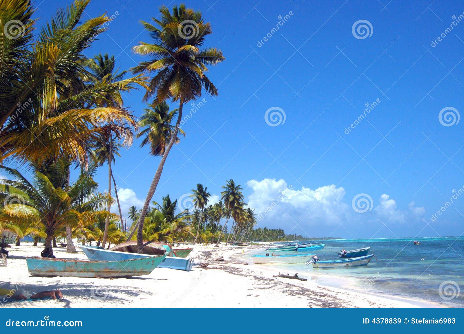 tropical wild beach , with white sands and a coloured old boats of 
