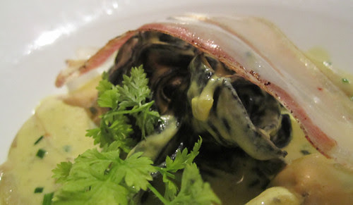 Oyster stew with squid-ink tagliatelle and pancetta, Harvest, Cambridge, MA