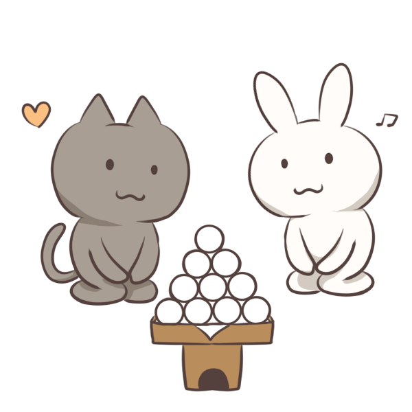 ダンゴを見つめる猫とウサギのイラスト かわいいフリー素材が無料のイラストレイン