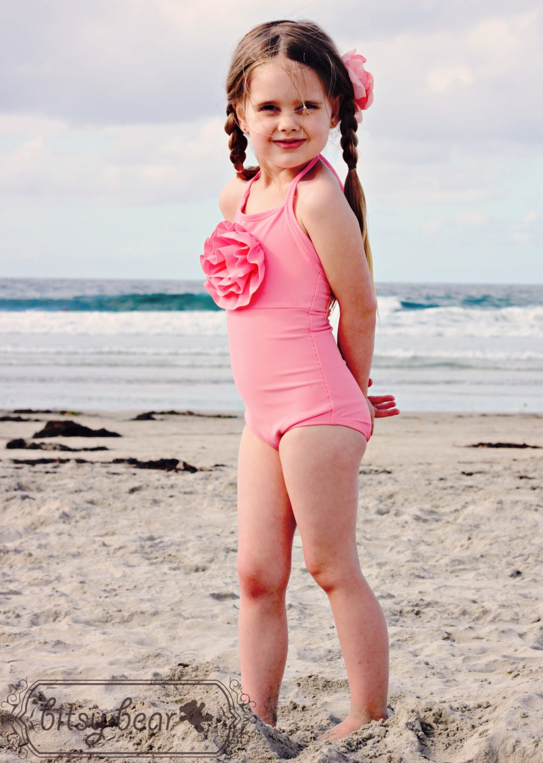 Coral Pink Halter Swimsuit for toddler and girl- READY TO SHIP