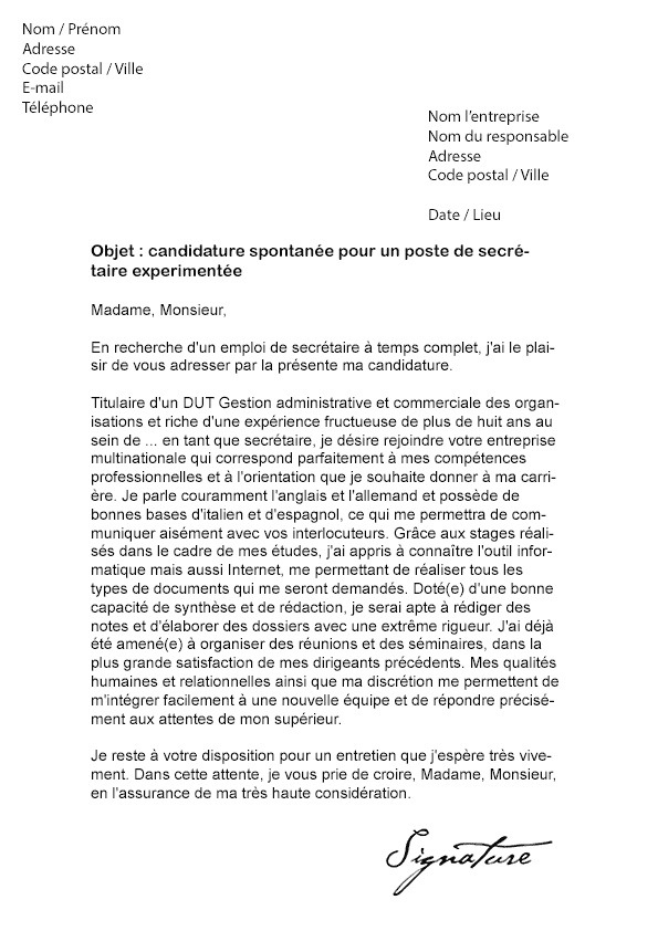 Lettre de motivation Secrétaire (expérimenté) - Modèle de 