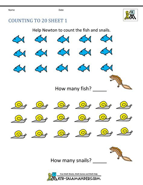 Practice in counting to 20, number recall and writing numbers. free printable kindergarten worksheets