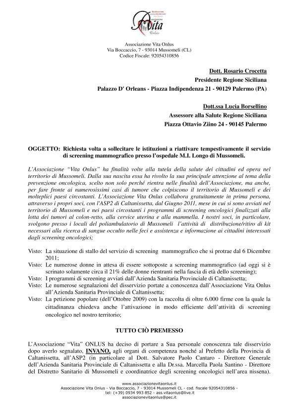 L'Associazione Vita ONLUS prova, con l'ennesima lettera, a ...