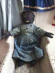 19Th C Early Black Cloth Doll with mitten hands and wool hair in original cloths..1800primitives