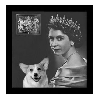 Young Queen Elizabeth II and corgi dog print