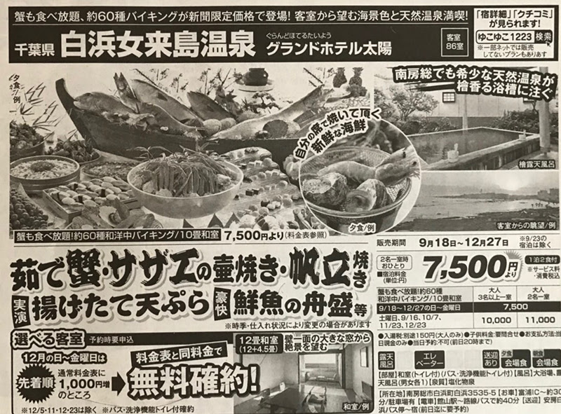 千葉県白浜女来島温泉 グランドホテル太陽 蟹も食べ放題 お刺身やさざえ等海鮮充実約60種和洋中バイキング 新聞限定価格の7 500円 三世代旅行大好きババがオススメする家族旅行