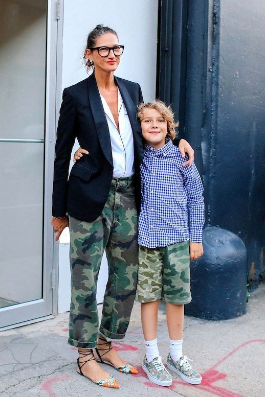 Le Fashion Blog Masculine Street Style Jenna Lyons Red Lip Black Tuxedo Blazer Over A Pajama Top With Contrast Piping Camo Print Pants Printed Lace Up Flats Via Phil Oh For Vogue